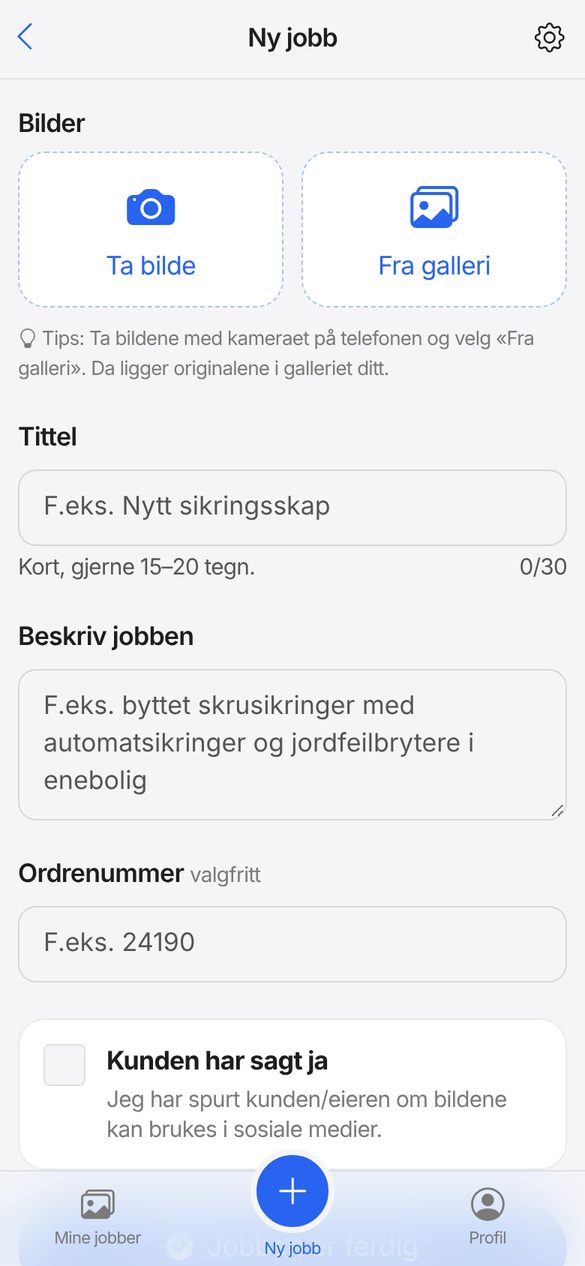 Skjema for ny jobb i Knipso